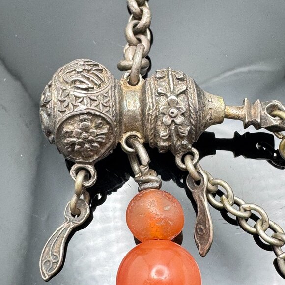 Qing Antique Chinese Silver Gourd Snuff Bottle Charm Coral Adornment Chain 20 g - Picture 7 of 16